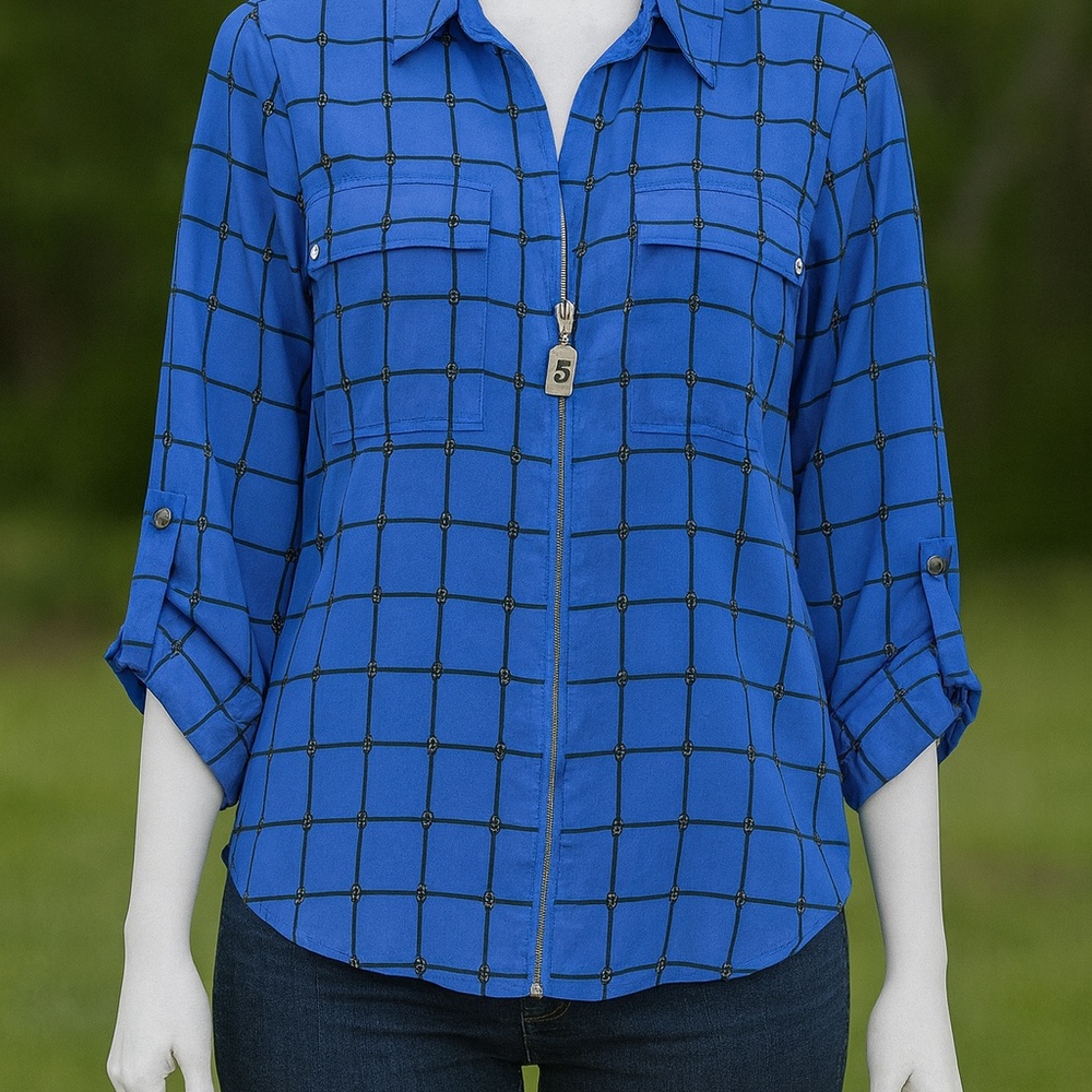 Michael Michael Kors Blue Chain-Link Print Blouse – Size L